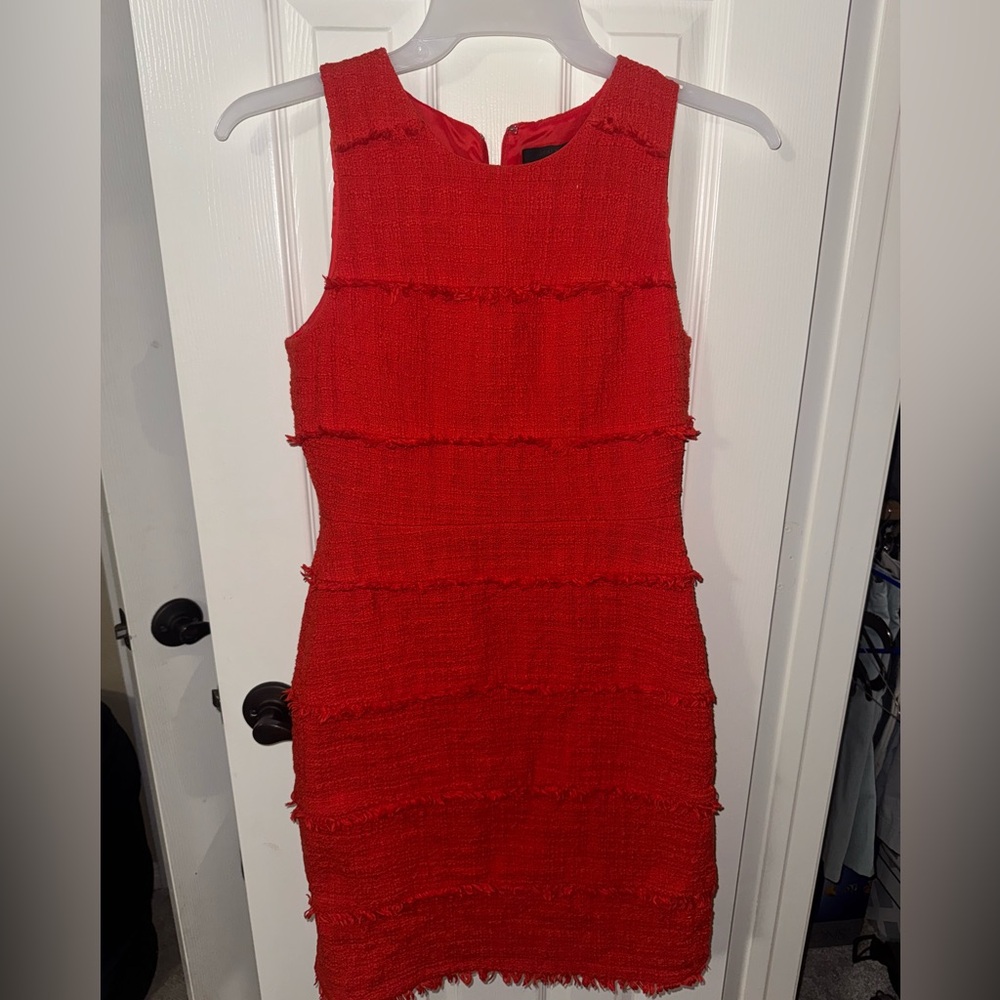 J CREW TWEED TEXTURED LINED SHEAT DRESS IN Burnt Red ORANGE W FRINGE,SZ:6